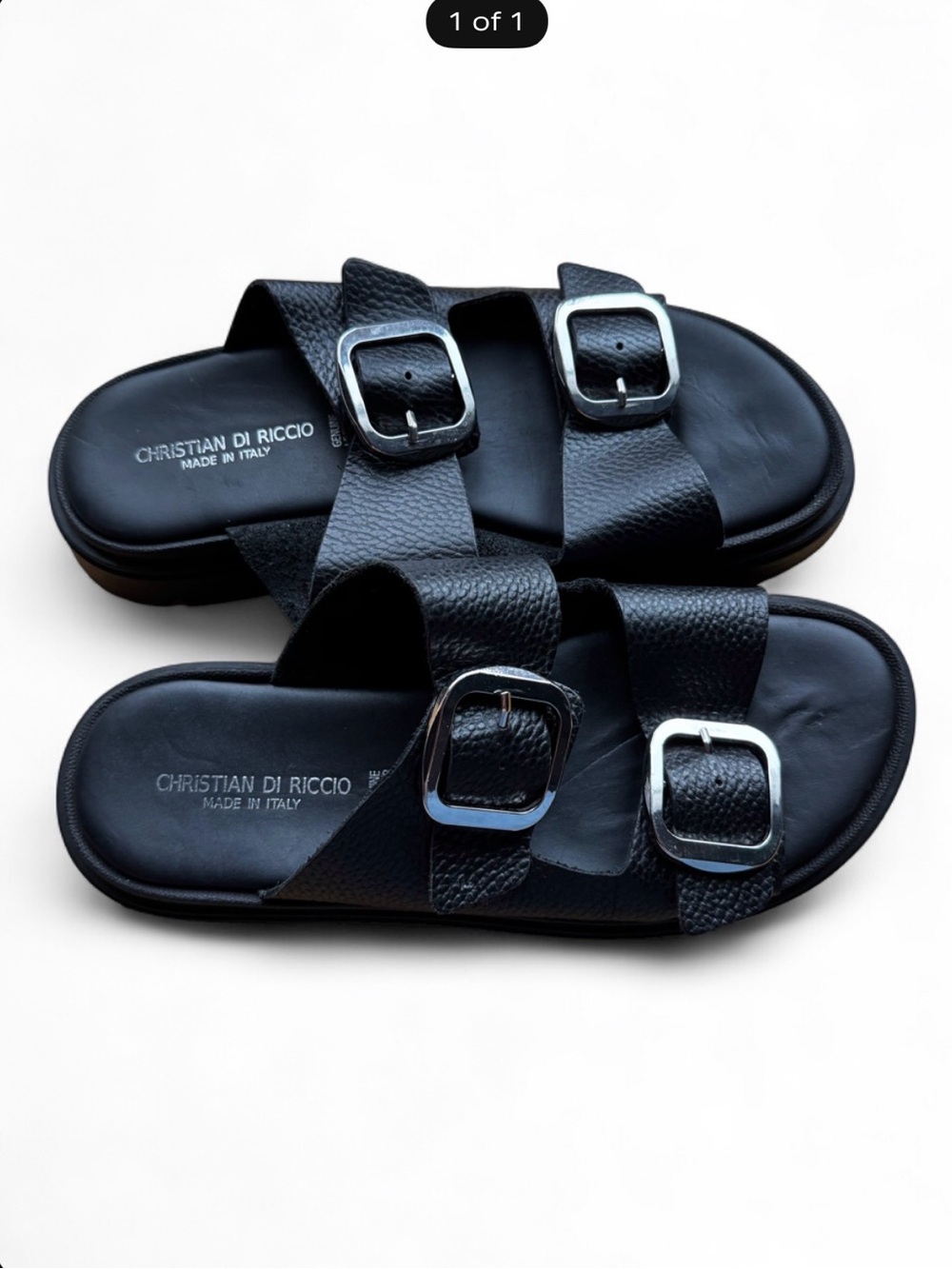 Christian DI Riccio Italy Black Pebbled Leather Double Buckle Sandals Sz 41 US10